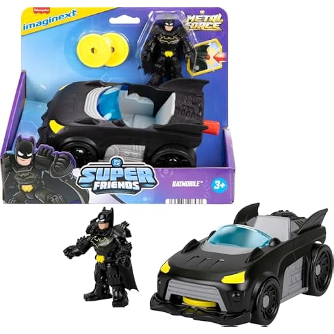 IMAGINEXT DC SUPER FRIENDS METAL FORCE BATMOBILE TOY CAR, 3" BATMAN ACTION FIGURE AND ACCESSORIES SET, INCLUDES STARTER AND 2 DISCS JFJ68 - Image 1